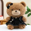Cute plush teddy bear toy with black tweed dress, bowknot and pearl necklace, soft companion gift. - Teddy Bear / 30 cm