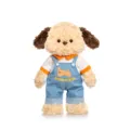 Cute plush puppy toy wearing blue denim overalls and orange t-shirt, perfect birthday gift. - Dress-up Yellow Dog