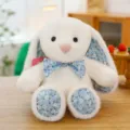 Cute lop-eared bunny plush toy with blue floral ears and bow, soft stuffed doll for home decor. - White Blue / 30 cm (Soft and Comfortable)