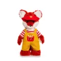 Cute red plush fox doll in red visor and yellow overalls with fries pocket variant. - Dress-up Fox