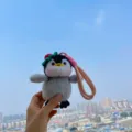 Cute knitted penguin plush keychain bag pendant with pink strap for adorable daily accessories - Red Straw Hat Penguin