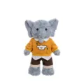 Cute grey plush elephant doll toy with yellow sweater and brown shorts for children. - Dress-up Elephant