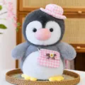 Süßes Cartoon Pinguin Plüschtier mit rosa kariertem Hut und Tasche, weiche Puppe für Mädchen. - 25cm / Rosa