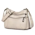 Women soft leather crossbody bag multi-pocket casual shoulder bag beige fashion everyday purse - White