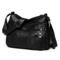 Black soft leather multi-pocket crossbody bag, casual shoulder bag for women daily use. - Black