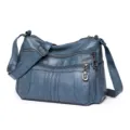 Women soft leather crossbody bag multi-pocket casual shoulder bag large capacity blue handbag - Blue