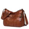 Brown multi-pocket soft leather women's crossbody bag, casual shoulder bag with zippers. - Brown