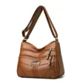Women brown soft leather multi-pocket shoulder bag casual crossbody handbag with adjustable strap. - Brown