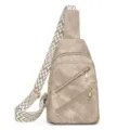 Borsa a tracolla kaki da donna con ampia tracolla fantasia e tasche multiple con zip. - Kaki