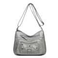 Borsa a tracolla grigia in pelle multi-tasche, borsa vintage lavata con cinturino regolabile. - Grigio