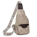 Borsa a tracolla retrò da donna con tracolla geometrica larga e tasche multiple. - Kaki