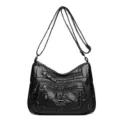 Borsa a tracolla nera in pelle lavata con tasche multiple, borsa vintage donna. - Nero
