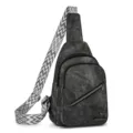 Casual grey sling bag for women, stylish chest bag with geometric wide strap and zipper. - Black