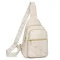 Women minimalist crossbody sling bag casual summer canvas chest bag with patterned wide strap. - Off White