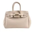 Women leather handbag elegant top handle shoulder bag classic design apricot tote bag fashion - Beige
