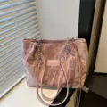Pink velvet tote bag for women, large capacity commuting shoulder bag with metal chain straps. - Pink