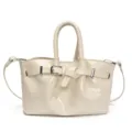 Beige patent leather handbag for women, stylish tote bucket bag with top handle and strap. - Off White