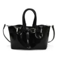 Black patent leather top handle handbag with chic buckle strap, versatile crossbody bag. - Black