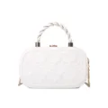 White crossbody box bag for women with elegant embossed clover pattern, gold chain and handle. - White