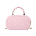 Stylish pink box clutch bag with elegant embossed clover pattern and chic gold chain strap. - Pink