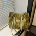 Olive Green Velvet Tote Bag with Metallic Chain Strap Women Casual Daily Shoulder Handbag - Green