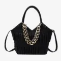 Black ruched tote handbag with chunky gold chain, stylish women shoulder crossbody bag. - Black
