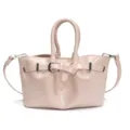 Pink patent leather handbag, elegant shoulder bag with stylish front buckle and double handles. - Pink