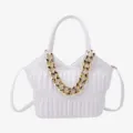 White ruched shoulder bag with chunky gold chain, stylish top handle cross body bag for women. - White