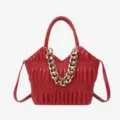 Red ruched women handbag stylish top handle shoulder crossbody bag with gold chain strap. - Red
