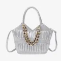 Silver ruched crossbody handbag with chunky gold chain, stylish women shoulder tote bag - Silver