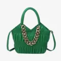 Stylish green ruched handbag with chunky gold chain, top handle shoulder crossbody bag. - Green