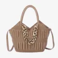 Stylish pleated women handbag with chunky gold chain, casual top handle shoulder crossbody bag - Khaki