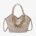 Gold Pleated Women Shoulder Bag PU Leather Crossbody Handbag with Chunky Gold Chain - Gold