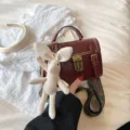 Retro lock small square handbag for women, vintage leather shoulder bag with cute bunny. - Wine Red (With Pendant)