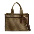 Κομψή τσάντα tote με houndstooth μοτίβο, καφέ δερμάτινες λεπτομέρειες και λουρί. - Houndstooth