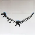 Dinosaur happy birthday banner party decoration with cute black and white dinosaur design main view - New Black Dinosaurs