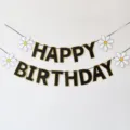 Black and gold happy birthday banner with cute white daisy flowers for party decoration. - Black with Gold Trim Birthday Flower Banner
