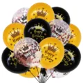 12-inch birthday balloon set featuring black gold and confetti balloons with crown print. - Crown Birthday Rose Gold Sequined Balloon Set