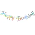 Holographic Happy Birthday letter banner, shiny rainbow party hanging decoration garland. - New Script Birthday Laser Silver Banner