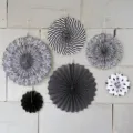 6-piece black and white paper fan set for wedding party birthday decor backdrop hanging. - Black Stripe