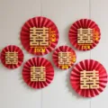 Set of 6 red paper fan decorations with gold double happiness for wedding party backdrop - Small 6-Piece Set with Square Xi Characters