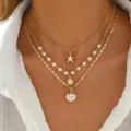 Elegante böhmische goldene Schichtkette mit Seestern-Muschel-Anhängern und Perlen - Gold (#1)