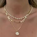 Multi-layered gold necklace with pearls and shell pendant for summer vacation - Gold
