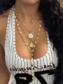 Elegant layered pearl necklace with shell and gold flower pendants for summer beach look - Gold (#10)