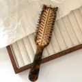 Tortoiseshell hair brush detail showing cute cat ears and bristle pins, elegant styling tool. - Wood Grain Teeth - Leopard Print