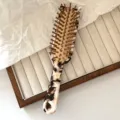 Retro Tortoise Shell Hair Brush Cute Cat Ear Massage Air Cushion Comb Styling Tool for Women - Wood Grain Teeth - Brown & White