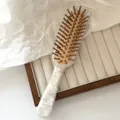 Fashion acetate hair brush with air cushion design, elegant retro styling massage comb for daily use. - Wood Grain Teeth - White