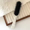 White Acetate Handle Boar Bristle Cushion Hair Brush, Women Daily Hair Styling Massage Comb - Boar Bristle Style - White