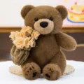 Simpatico orsetto di peluche marrone con bouquet di fiori, morbido peluche regalo per la fidanzata. - 30 cm / Marrone