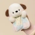 Cute plush puppy toy with brown ears and patchwork blanket, soft and adorable design. - Bean Bag White Dog